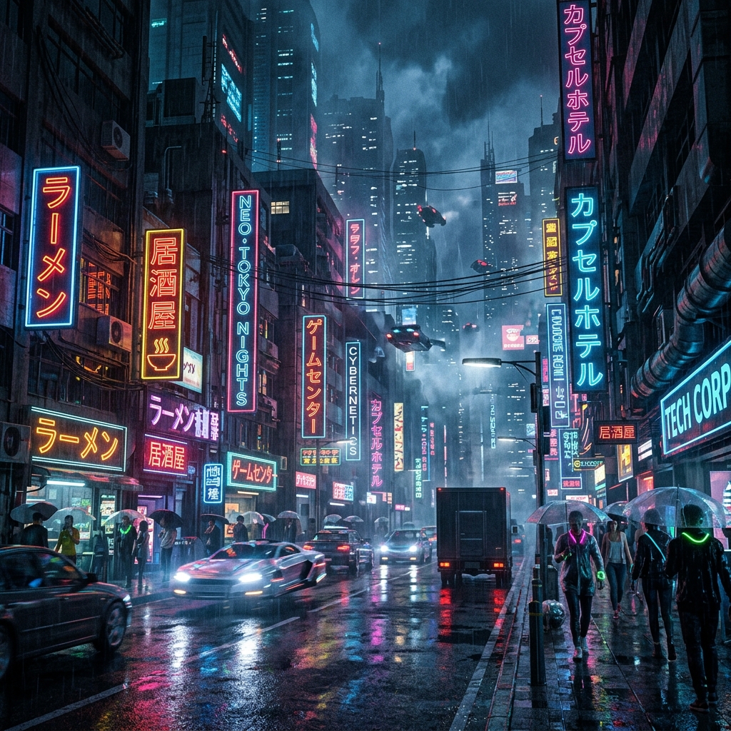 Photorealistic Cyberpunk Street Night
